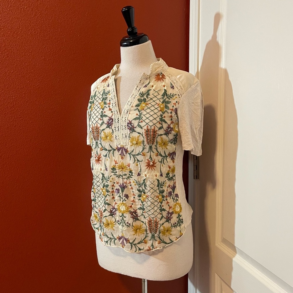Anthropologie Cream Embroidered Floral Pullover Top